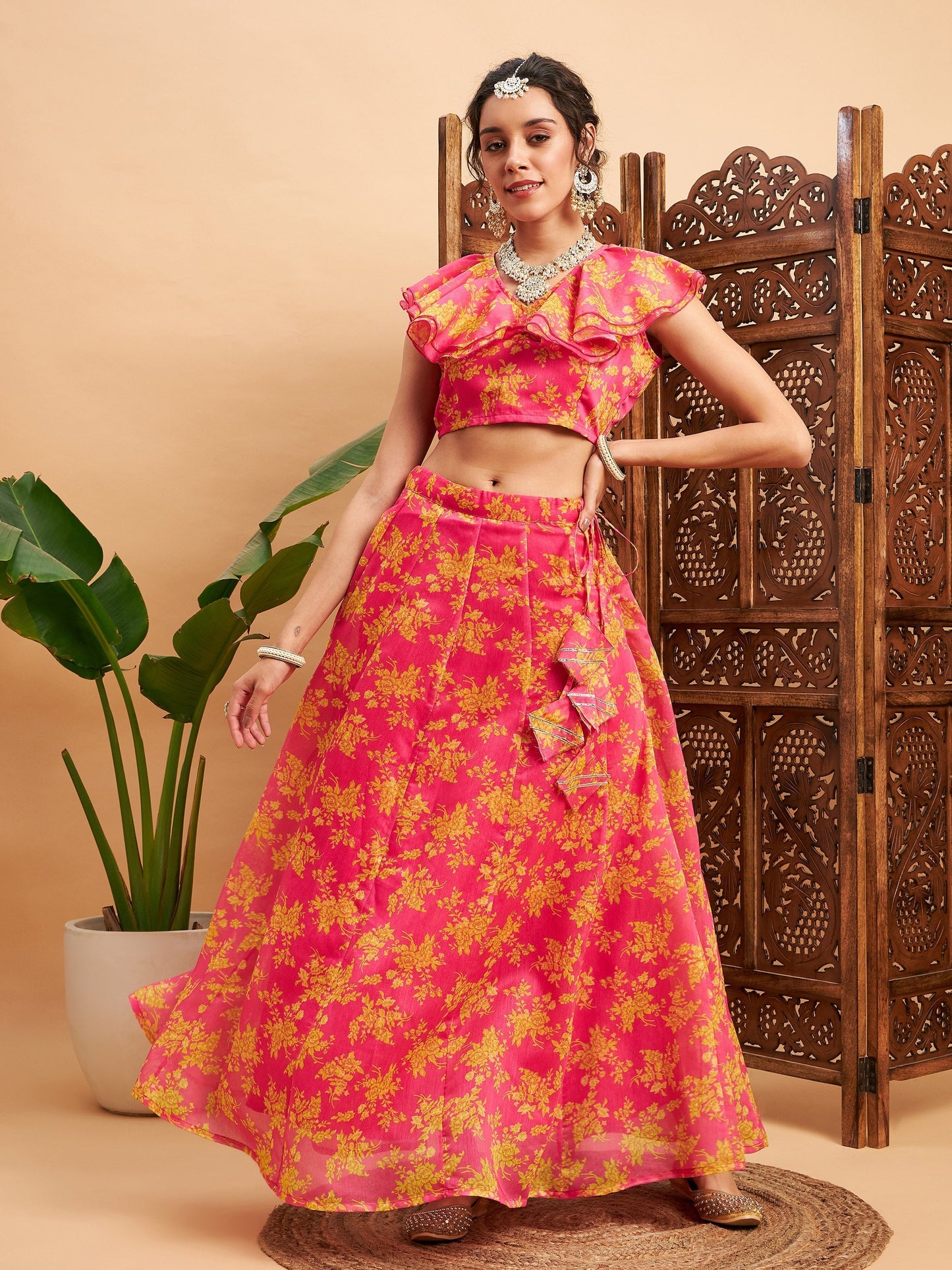 Women's Fuchsia Floral Anarkali Skirt With Frill Crop Top