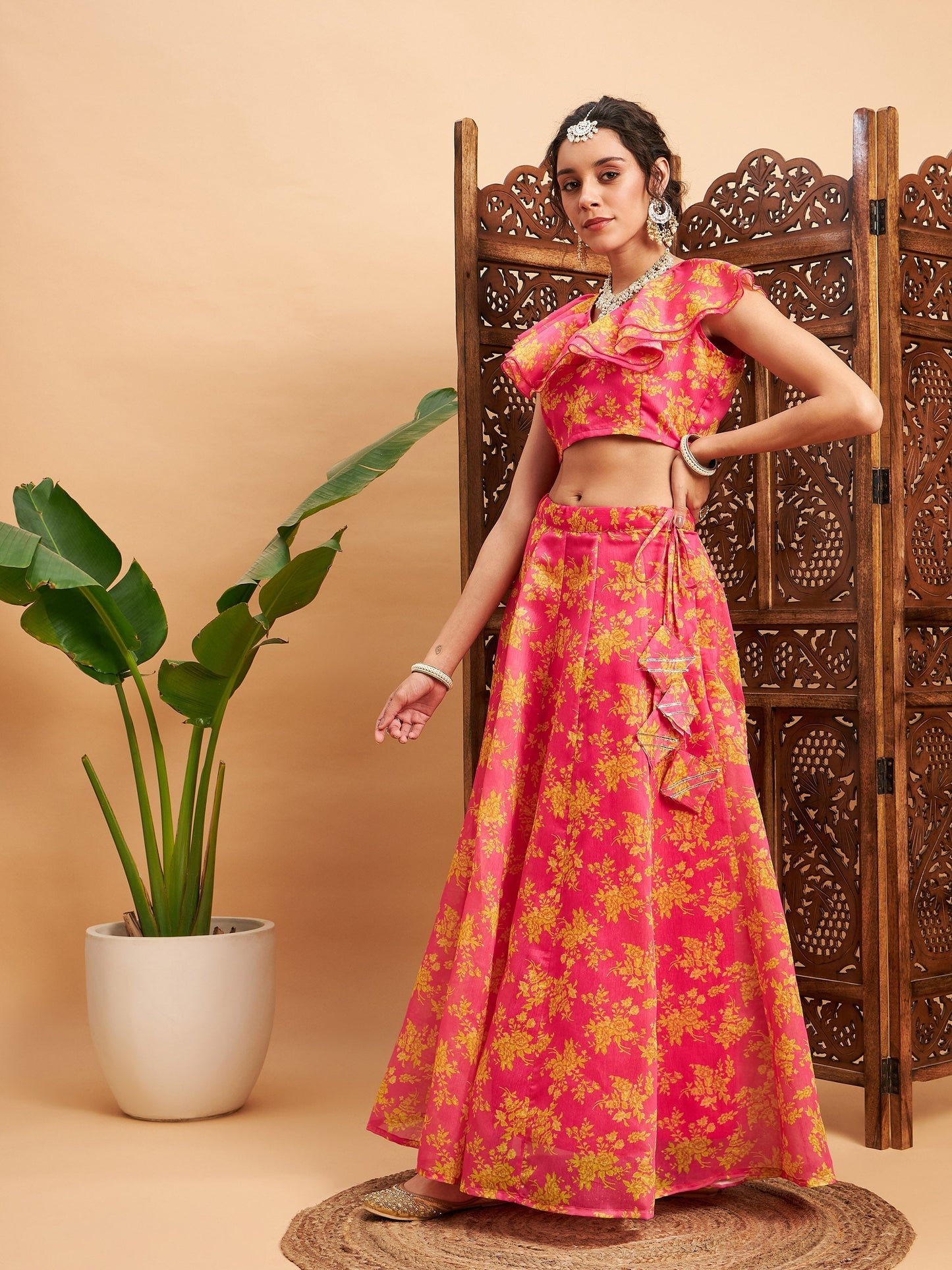 Women's Fuchsia Floral Anarkali Skirt With Frill Crop Top