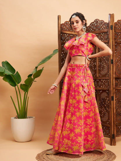 Women's Fuchsia Floral Anarkali Skirt With Frill Crop Top