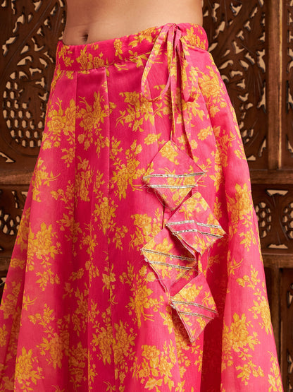 Women's Fuchsia Floral Anarkali Skirt With Frill Crop Top