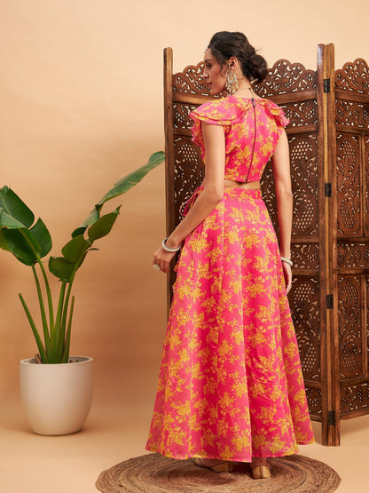 Women's Fuchsia Floral Anarkali Skirt With Frill Crop Top