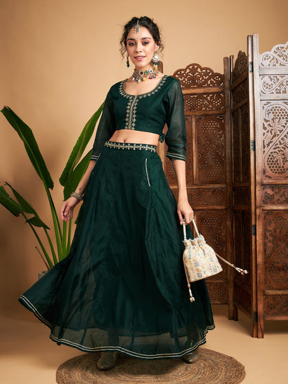 Women's Emerald Embroidered Anarkali Skirt With Crop Top