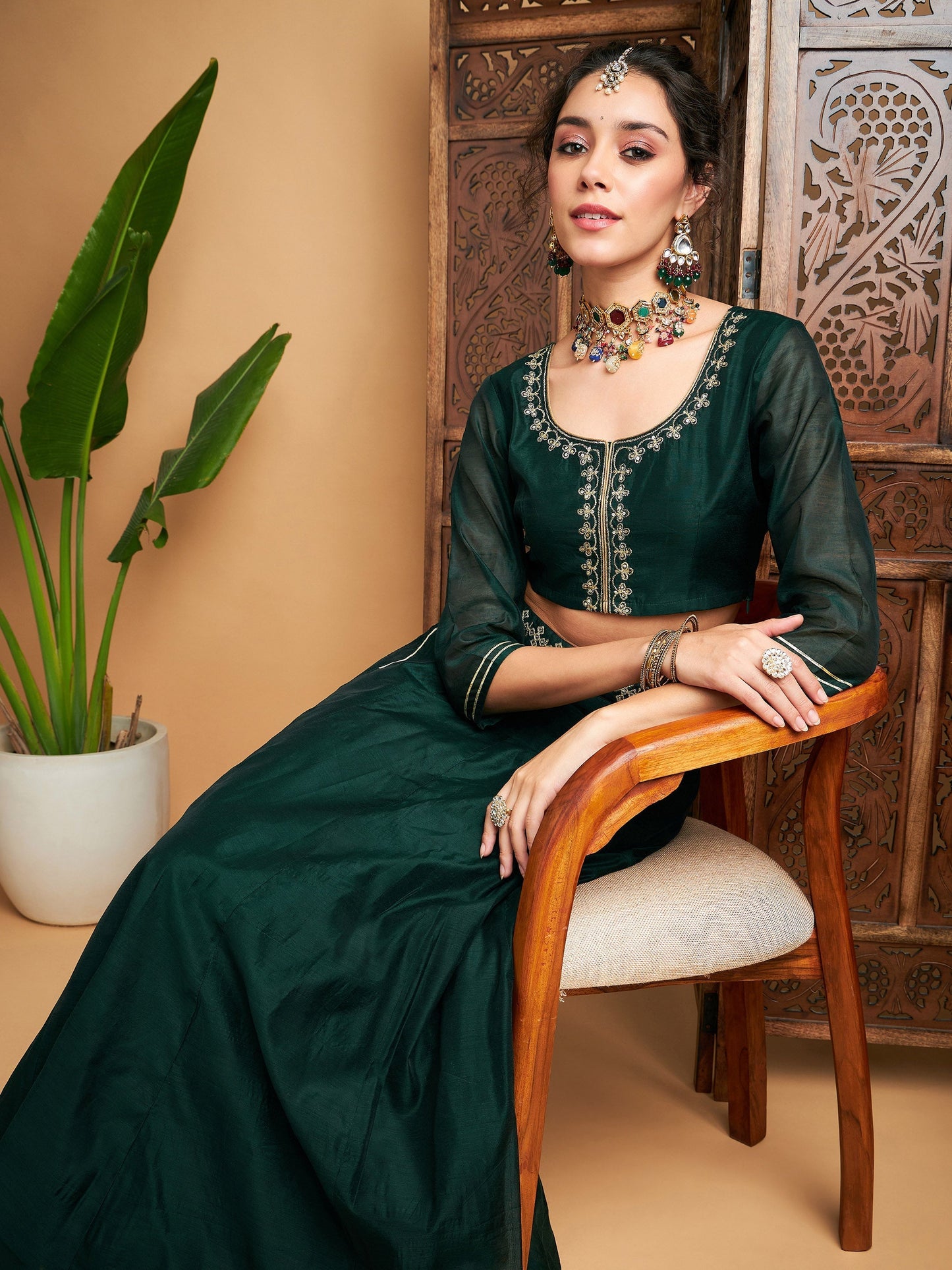 Women's Emerald Embroidered Anarkali Skirt With Crop Top