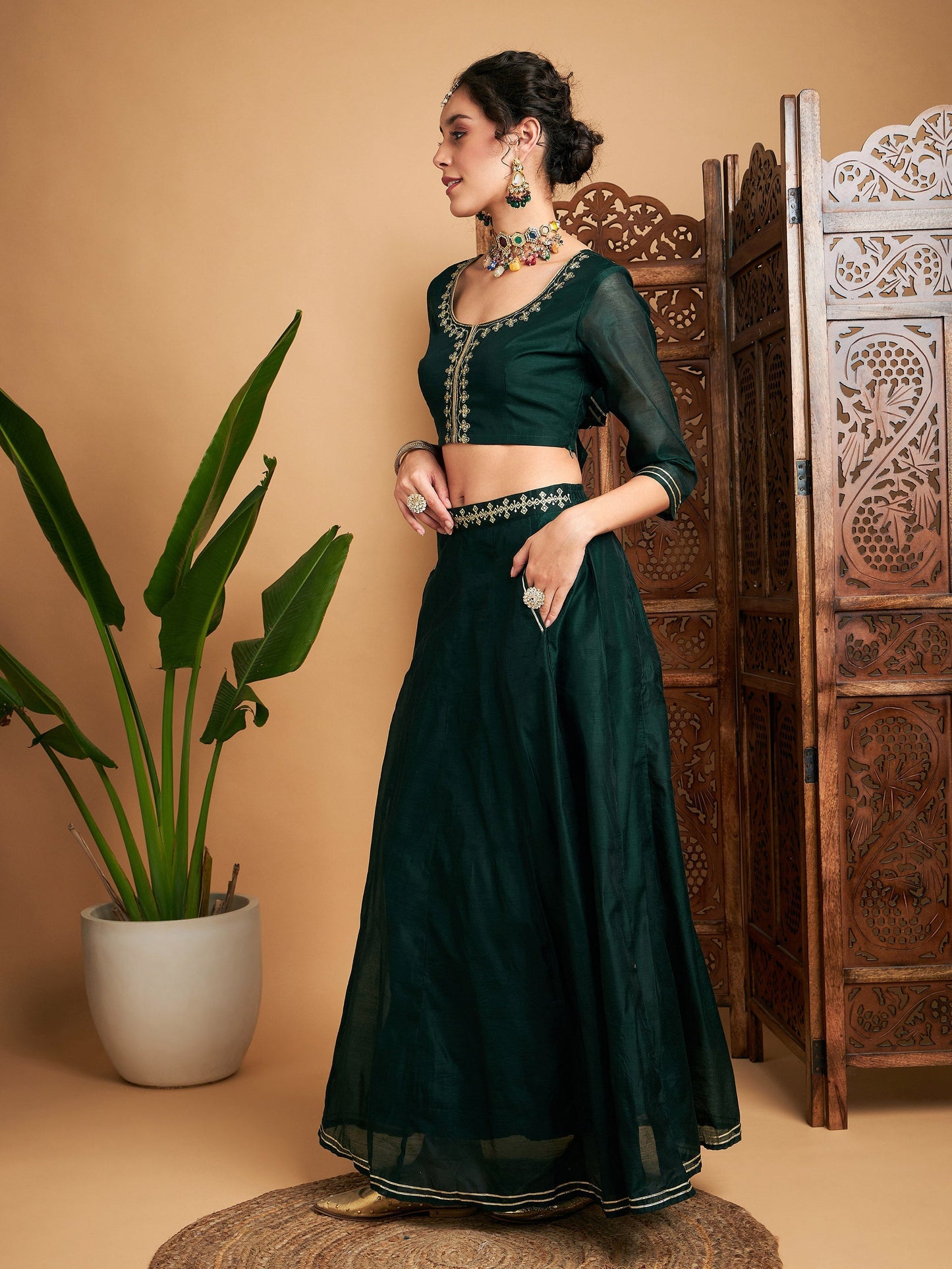 Women's Emerald Embroidered Anarkali Skirt With Crop Top