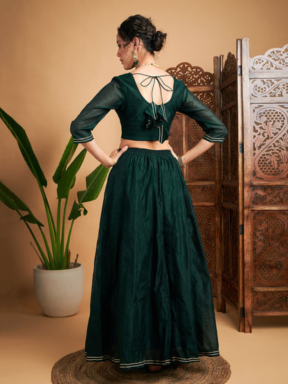 Women's Emerald Embroidered Anarkali Skirt With Crop Top