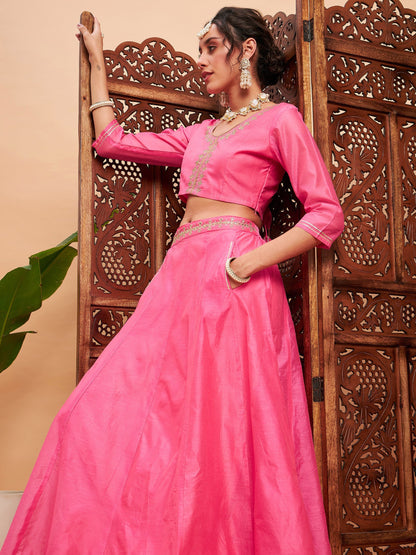 Women's Pink Embroidered Anarkali Skirt With Crop Top