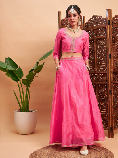 Women's Pink Embroidered Anarkali Skirt With Crop Top