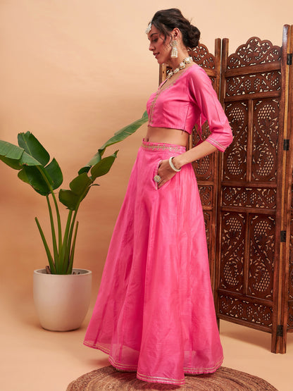 Women's Pink Embroidered Anarkali Skirt With Crop Top