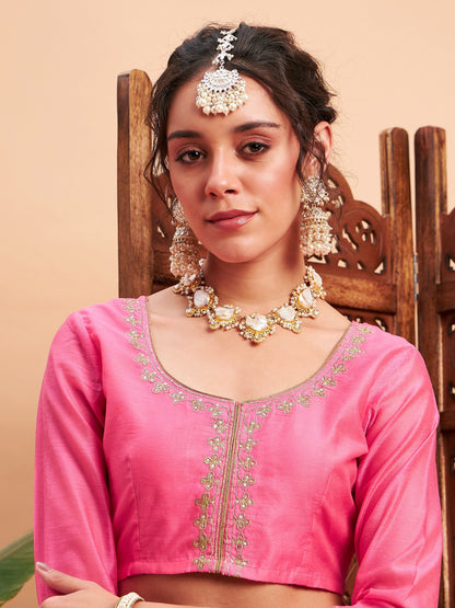 Women's Pink Embroidered Anarkali Skirt With Crop Top