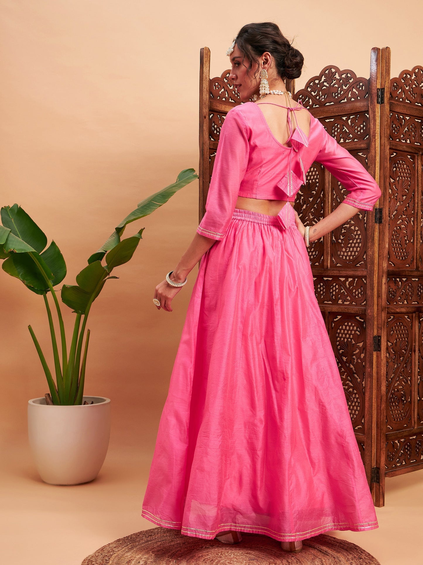 Women's Pink Embroidered Anarkali Skirt With Crop Top