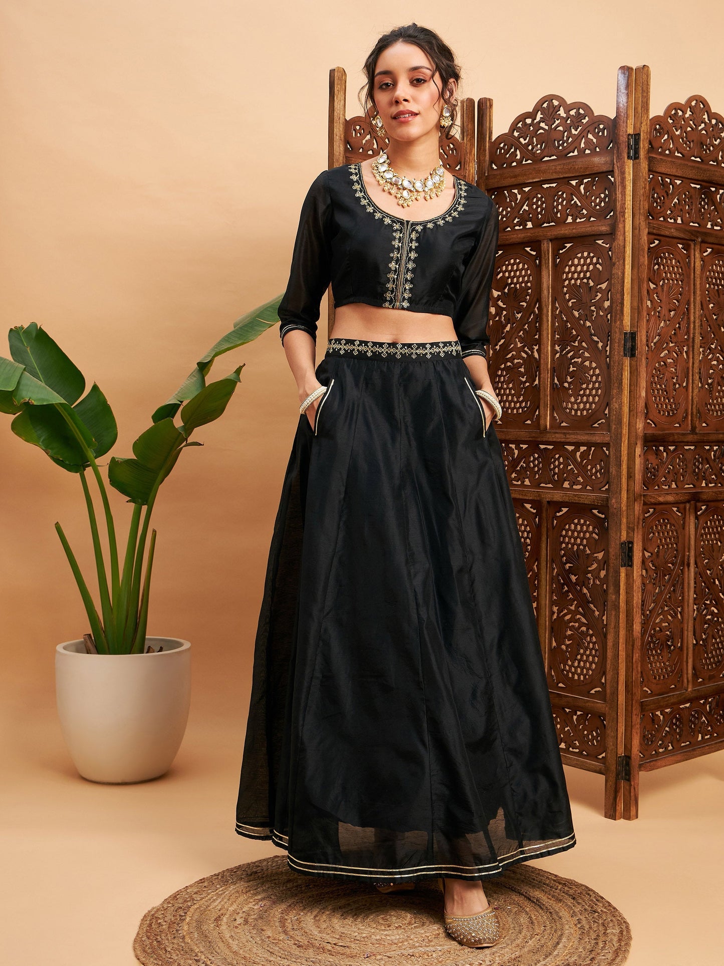 Women's Black Embroidered Anarkali Skirt With Crop Top