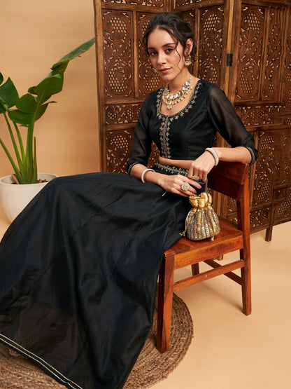 Women's Black Embroidered Anarkali Skirt With Crop Top