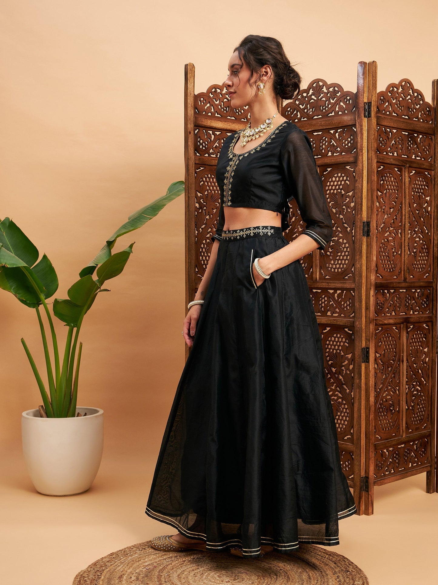 Women's Black Embroidered Anarkali Skirt With Crop Top