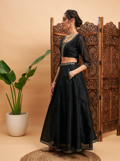 Women's Black Embroidered Anarkali Skirt With Crop Top