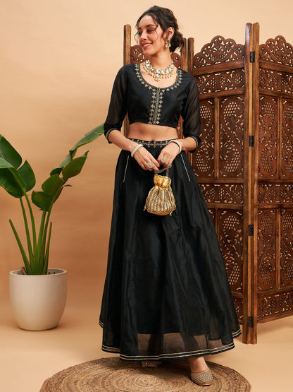 Women's Black Embroidered Anarkali Skirt With Crop Top