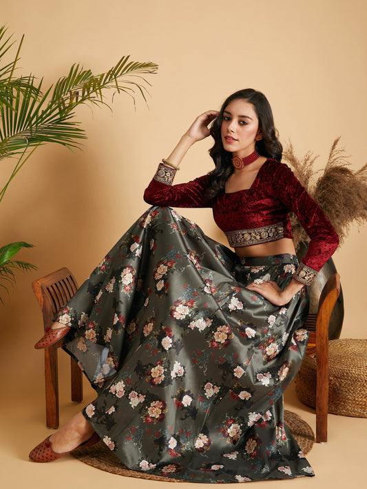 Women's Olive Floral Skirt With Maroon Velvet Full Sleeves Crop Top