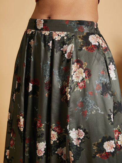 Women's Olive Floral Skirt With Maroon Velvet Full Sleeves Crop Top