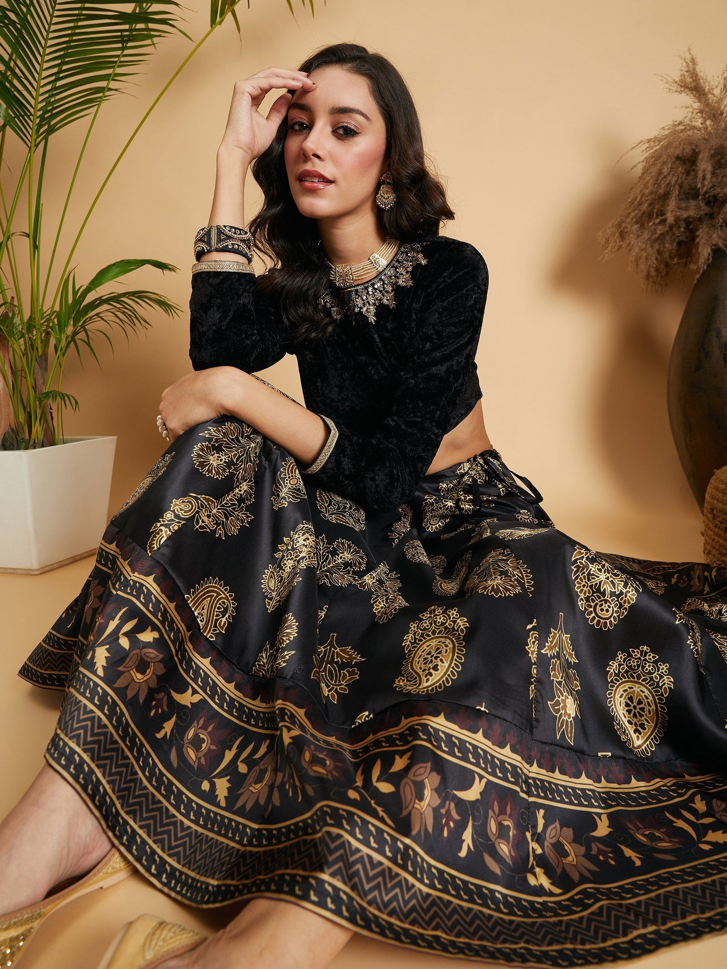 Women's Black Floral Skirt With Black Velvet Full Sleeves Crop Top