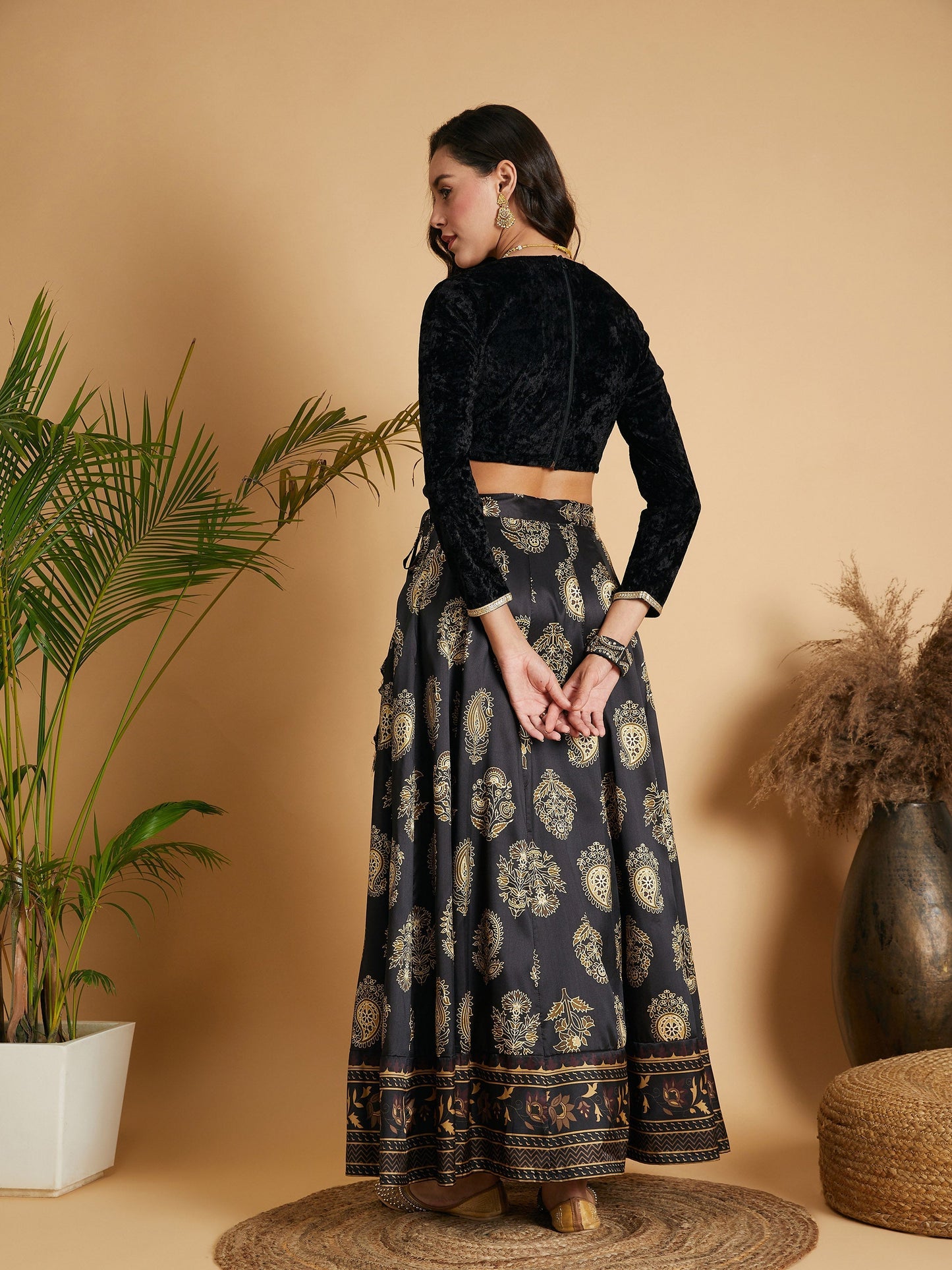 Women's Black Floral Skirt With Black Velvet Full Sleeves Crop Top