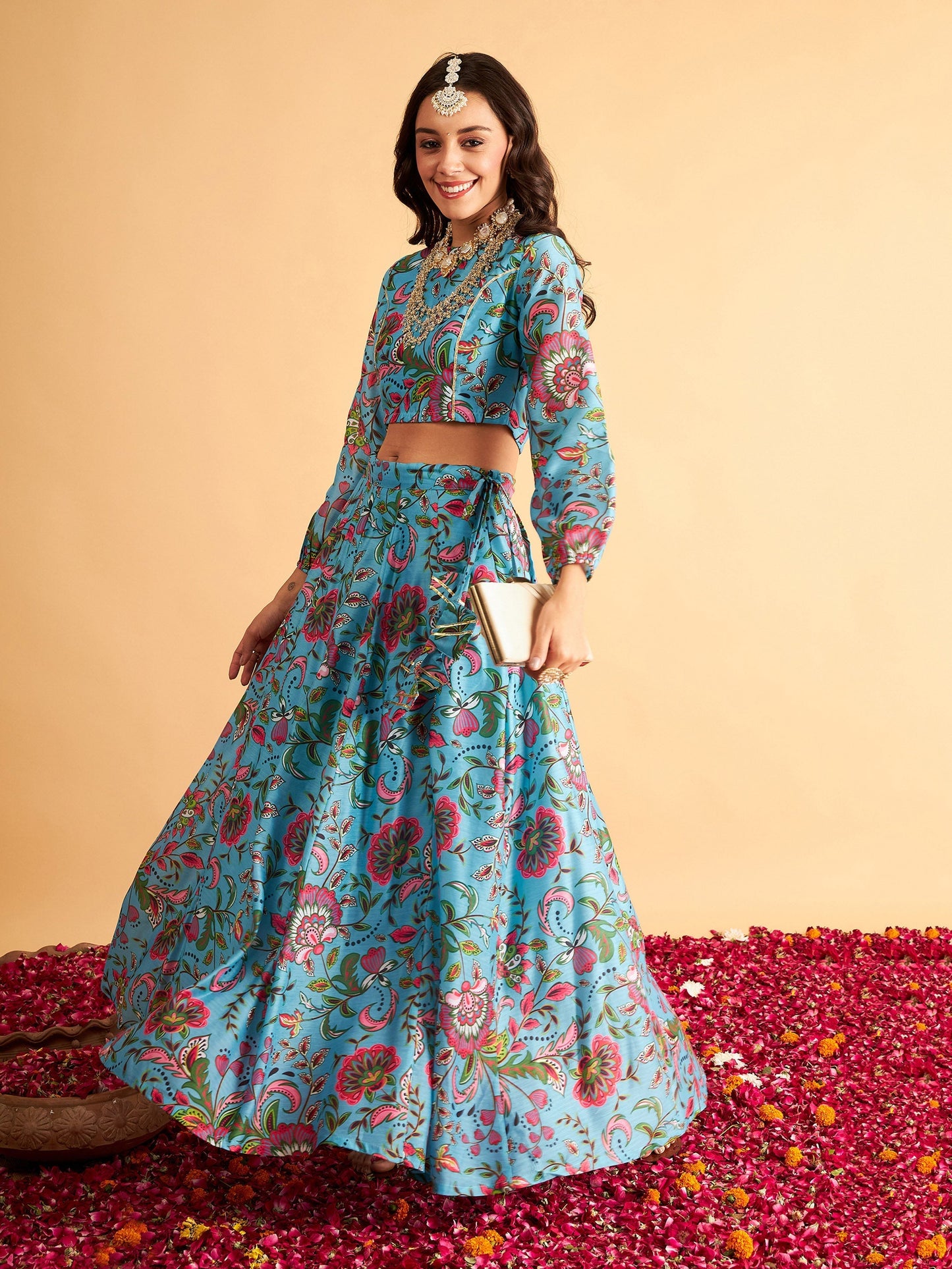 Women's Blue Floral Anarkali Side Tussle Skirt With Crop Top