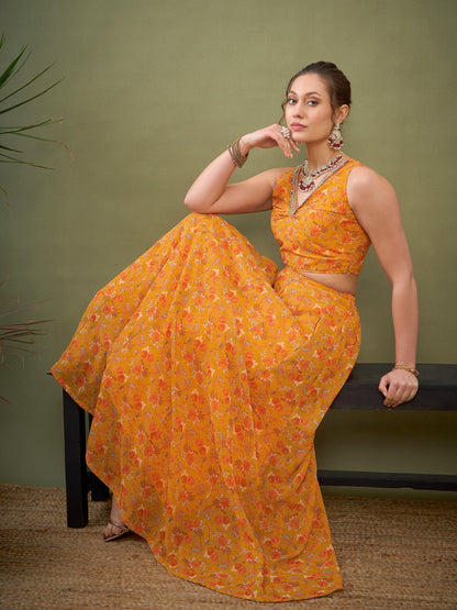 Women's Yellow Floral Anarkali Skirt With Crop Top