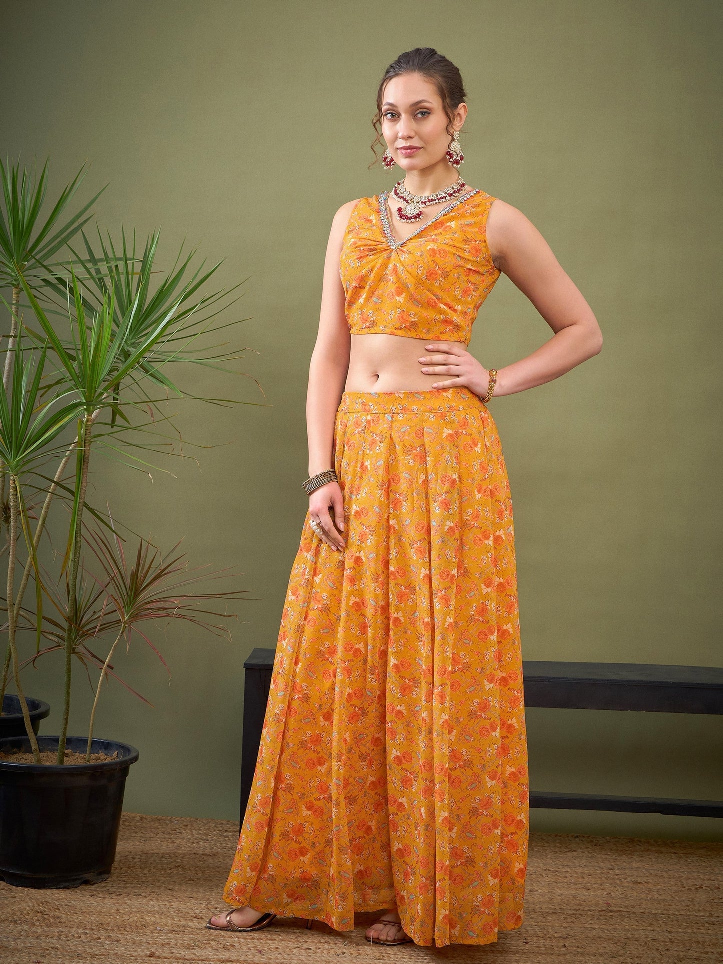 Women's Yellow Floral Anarkali Skirt With Crop Top