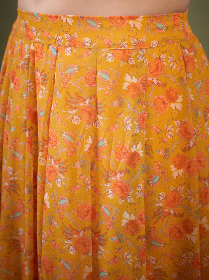 Women's Yellow Floral Anarkali Skirt With Crop Top