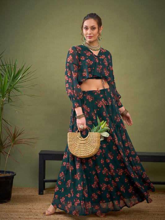 Women's Green Floral Anarkali Skirt With Peplum Crop Top