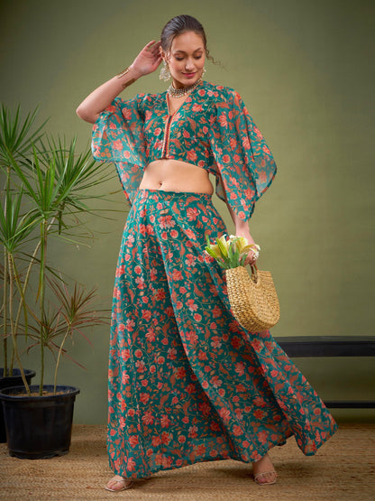 Women's Teal Green Floral Anarkali Skirt With Crop Blouse