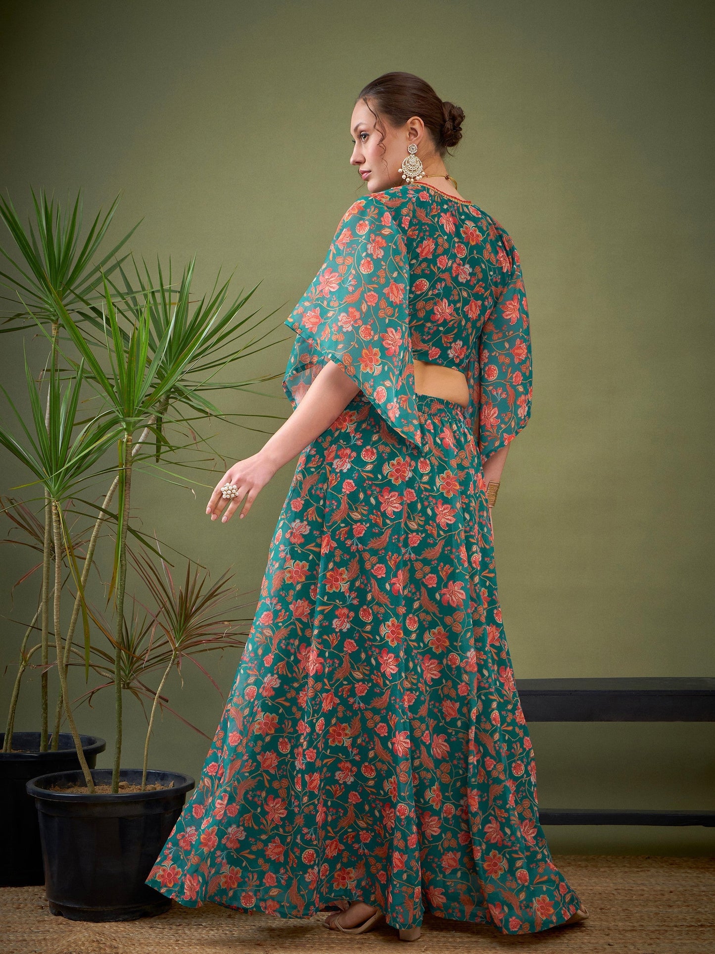 Women's Teal Green Floral Anarkali Skirt With Crop Blouse