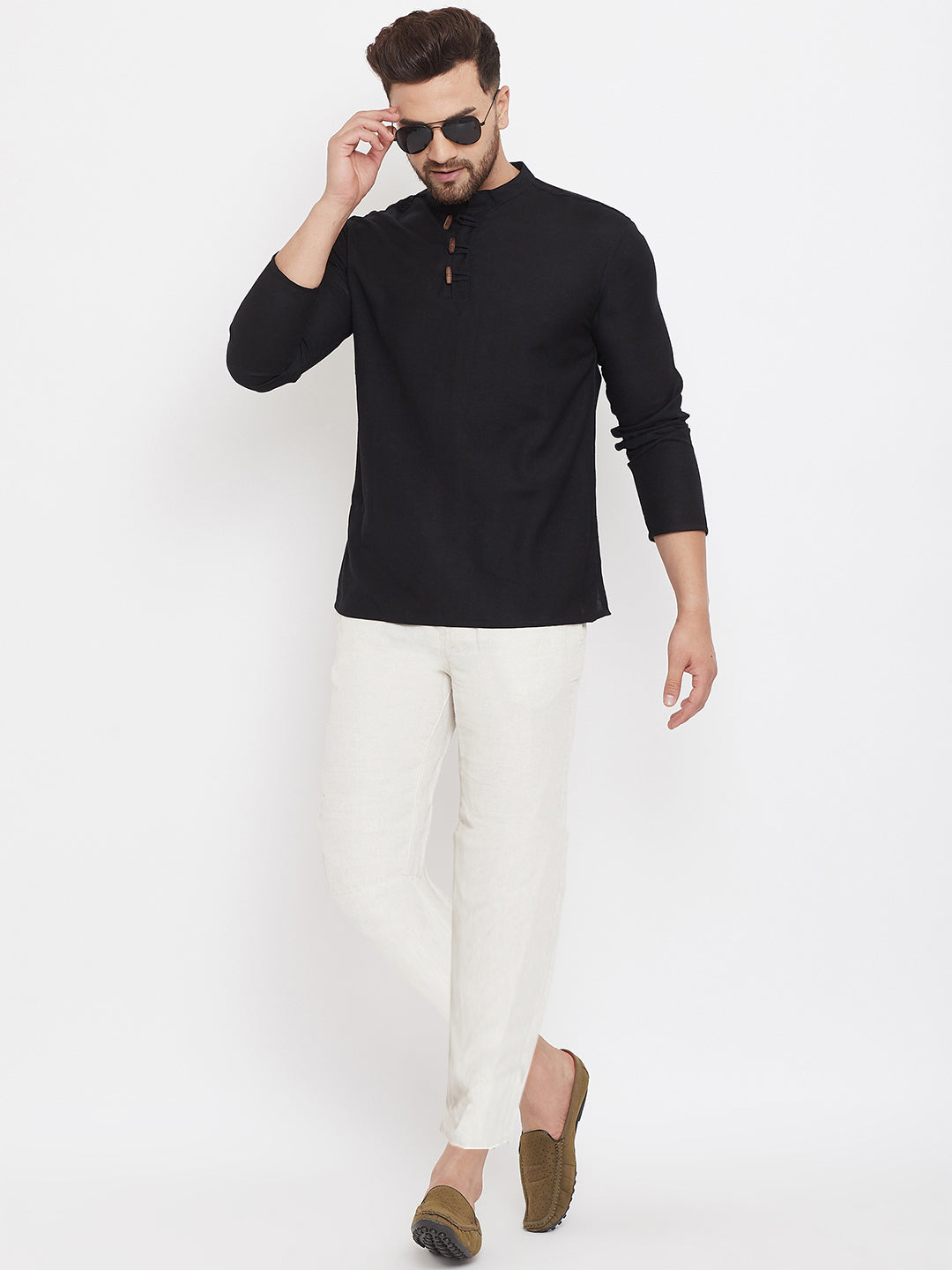 Men's Black Button Placket Shirt Kurta