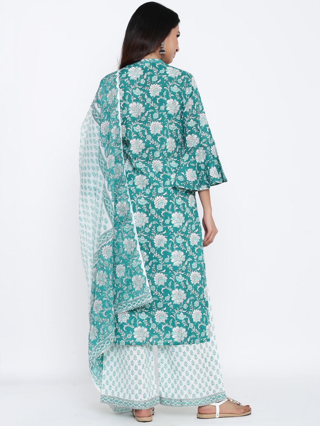 Women's Sea Green Cotton Kurta With Palazzo & Dupatta by  (3pcs Set)