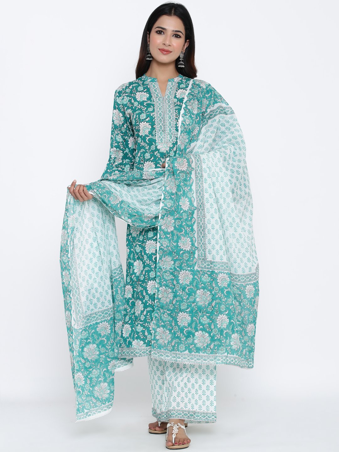 Women's Sea Green Cotton Kurta With Palazzo & Dupatta by  (3pcs Set)