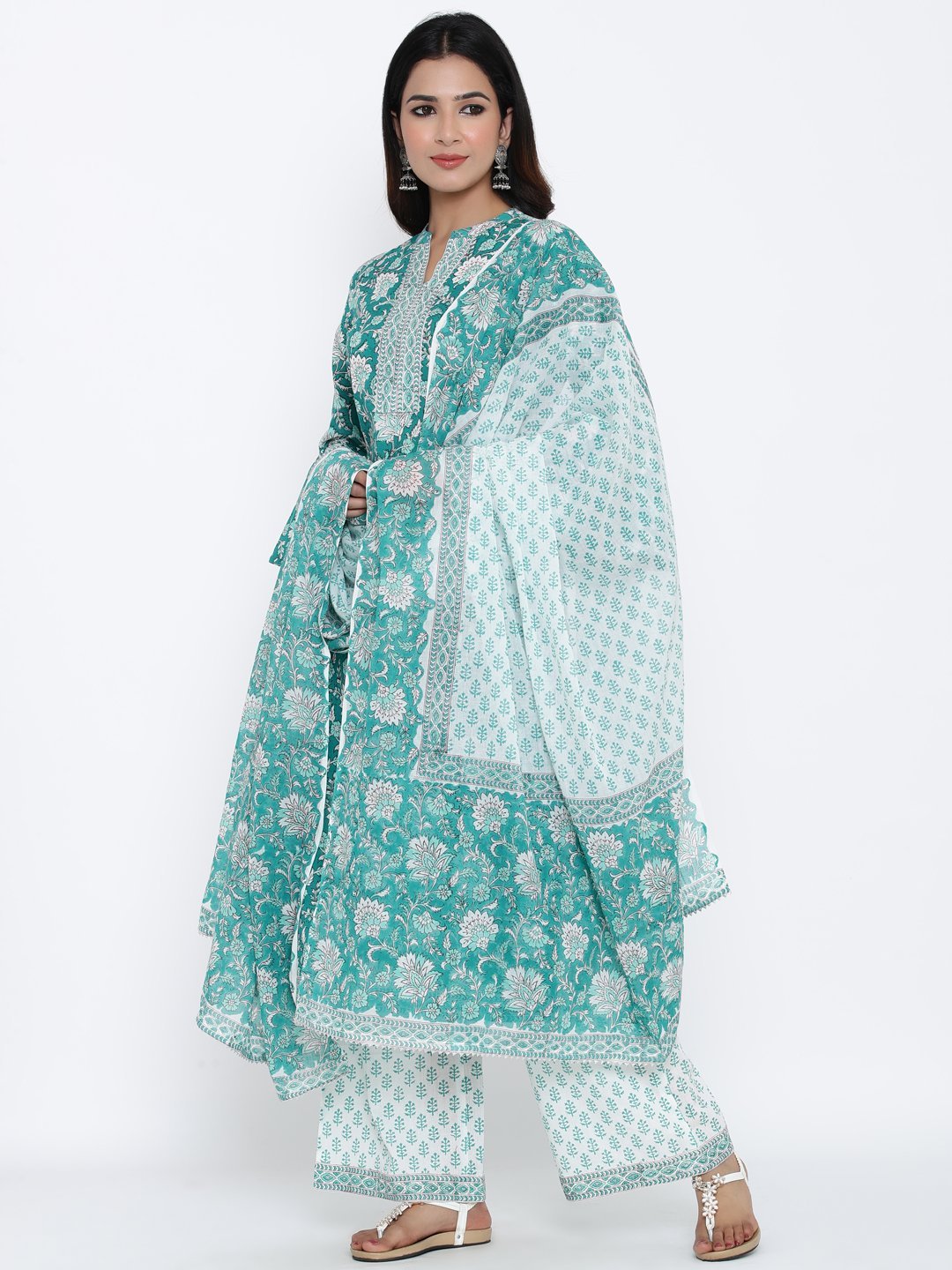 Women's Sea Green Cotton Kurta With Palazzo & Dupatta by  (3pcs Set)