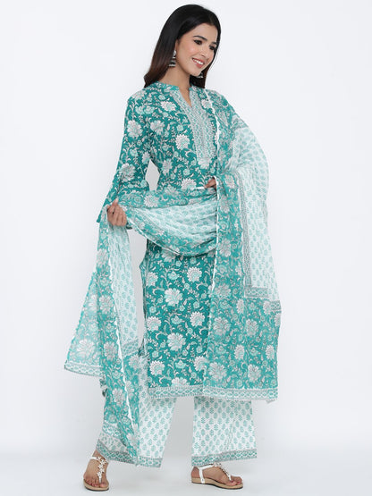 Women's Sea Green Cotton Kurta With Palazzo & Dupatta by  (3pcs Set)