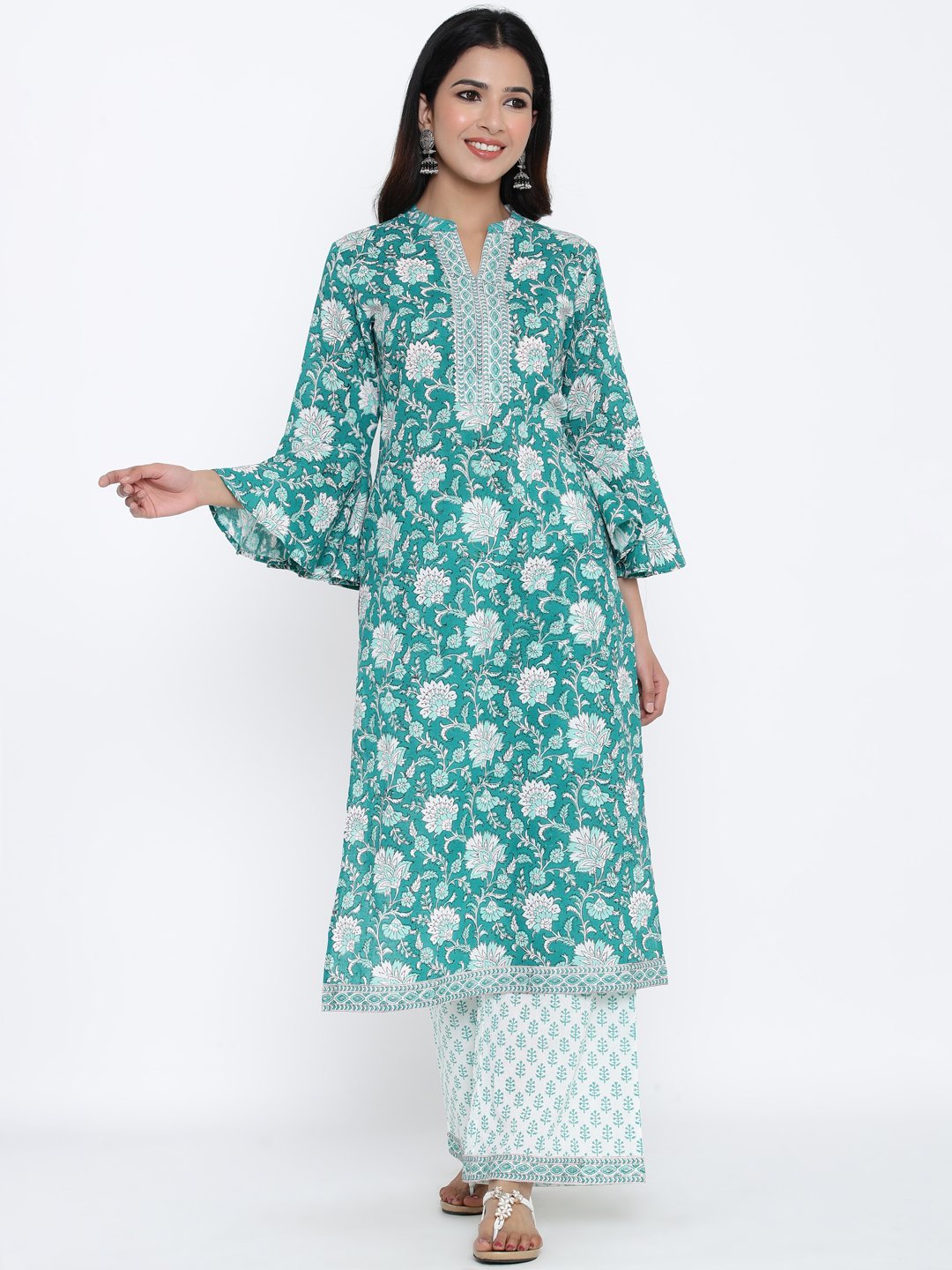 Women's Sea Green Cotton Kurta With Palazzo & Dupatta by  (3pcs Set)