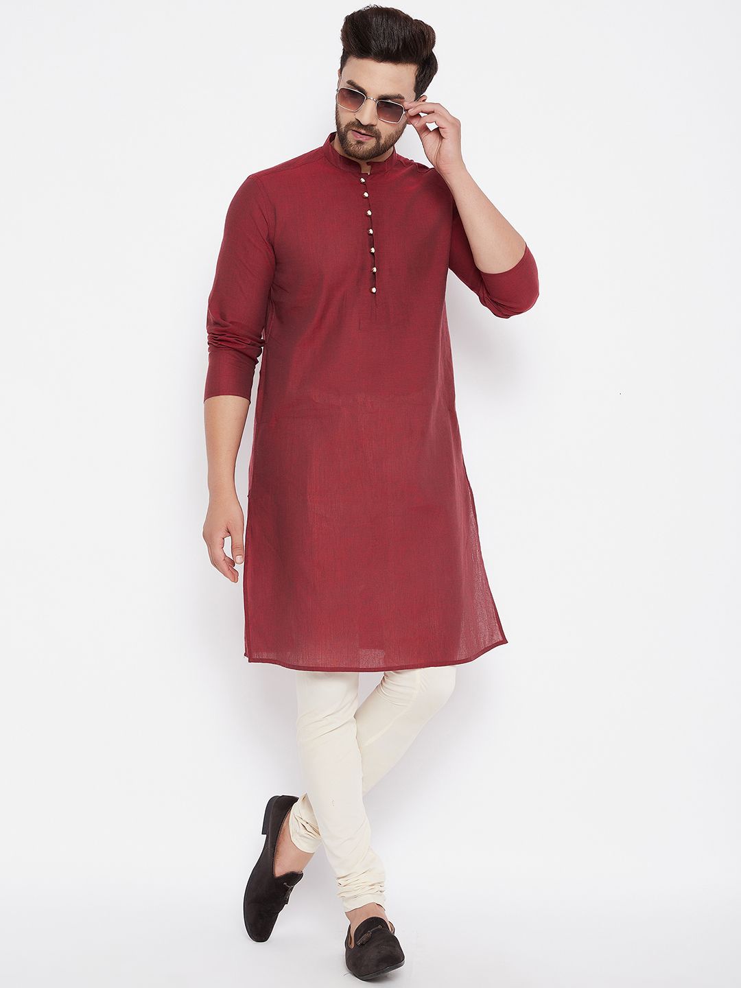 Men's Woven Design Red Straight  Kurta