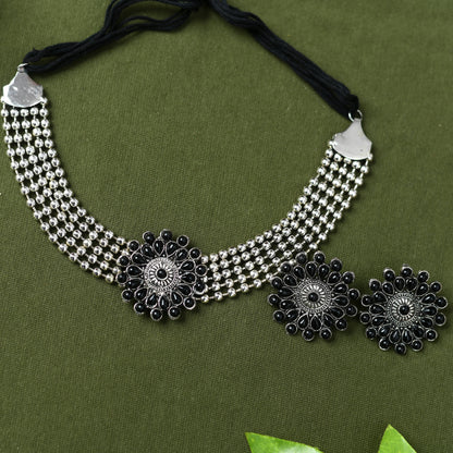 Oxidised Silver-Plated Black Color Chokar Necklace with Earrings Jkms_137