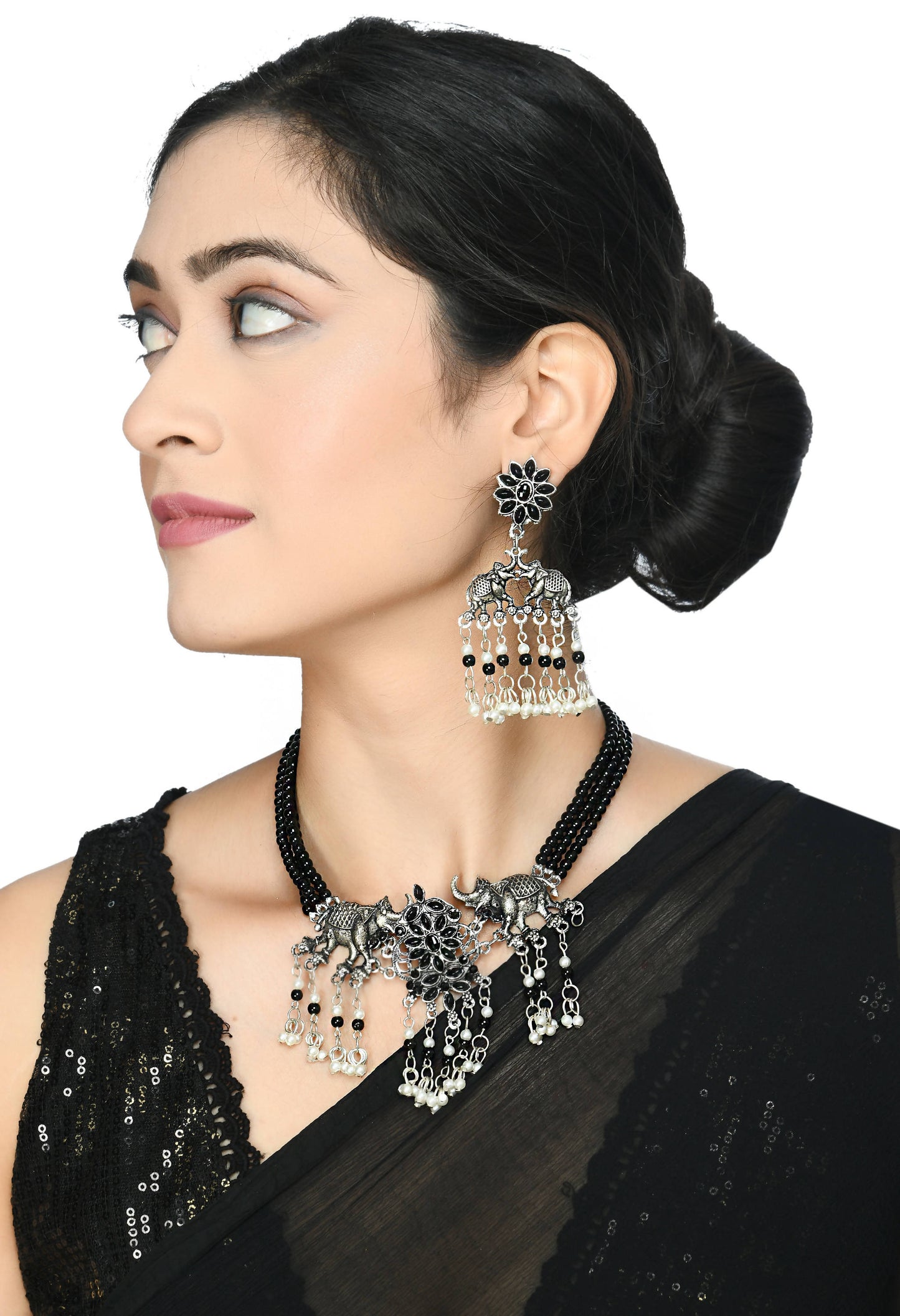 Trendia Silver-Plated Black Kundan Elephant design Necklace Set Jkms_113