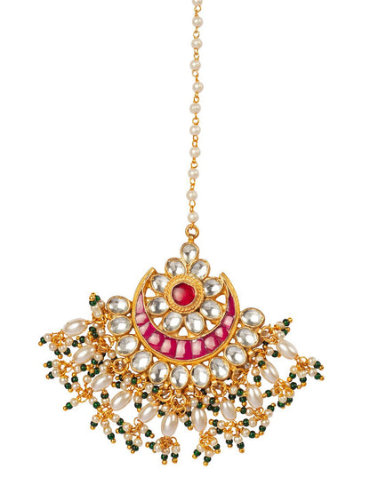 Women's Gold-Plated Pink & Off-White Kundan-Studded Beaded Handcrafted Maang Tikka