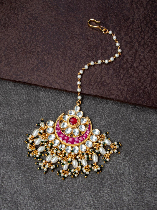 Women's Gold-Plated Pink & Off-White Kundan-Studded Beaded Handcrafted Maang Tikka