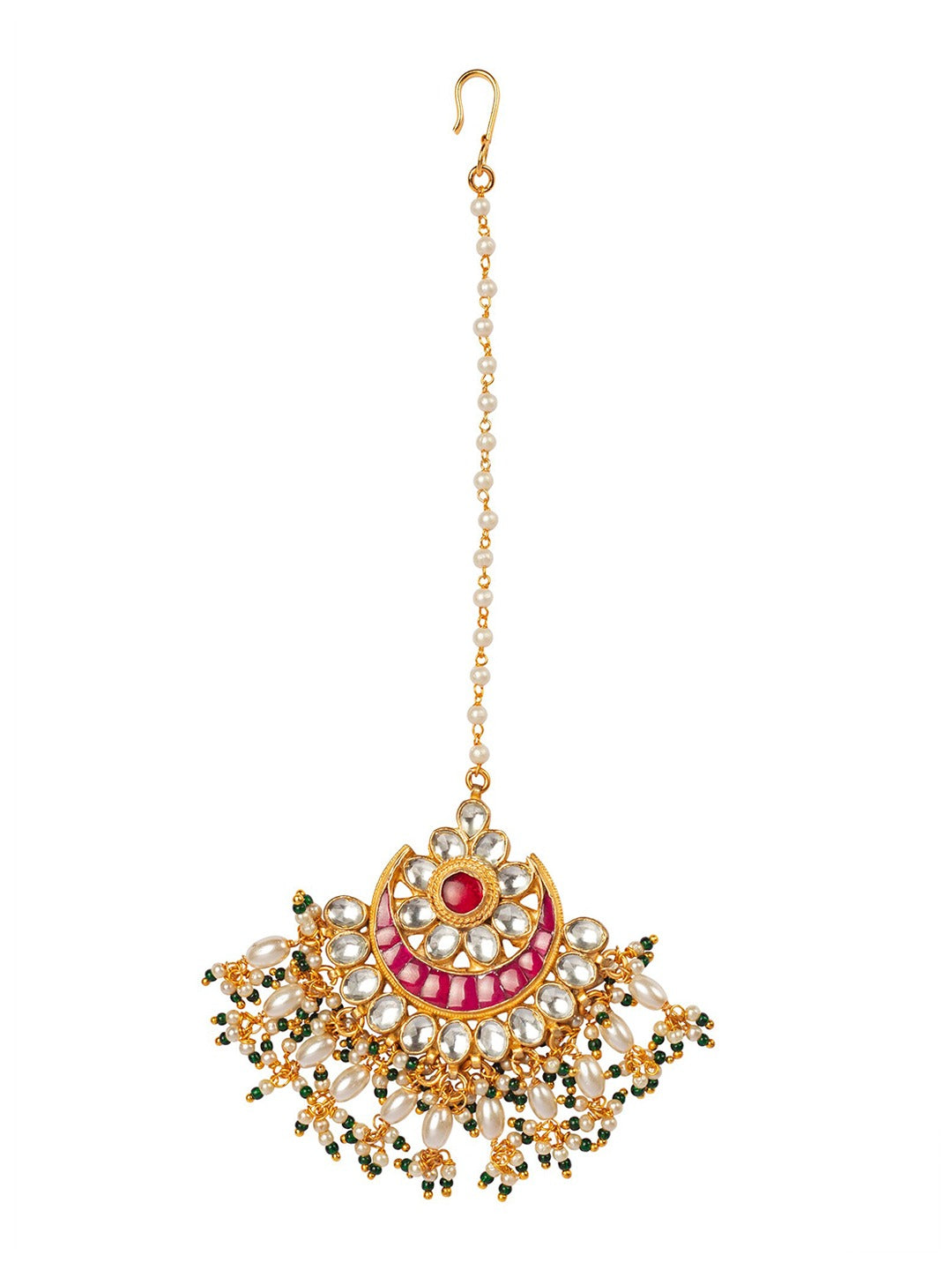 Women's Gold-Plated Pink & Off-White Kundan-Studded Beaded Handcrafted Maang Tikka