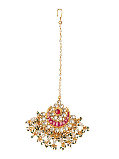 Women's Gold-Plated Pink & Off-White Kundan-Studded Beaded Handcrafted Maang Tikka