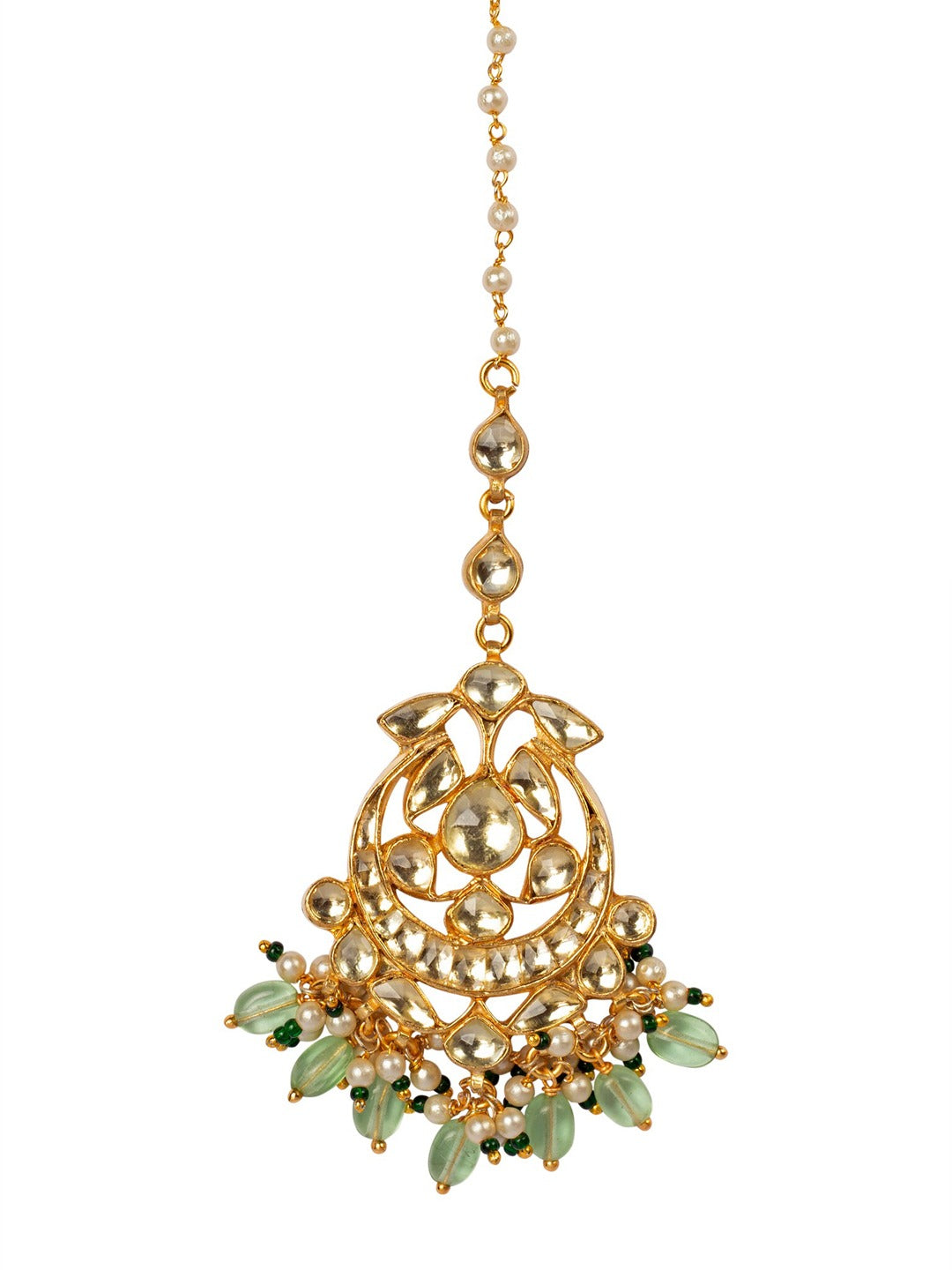 Women's Gold-Plated Off-White & Green Kundan-Studded Beaded Handcrafted Maang Tikka