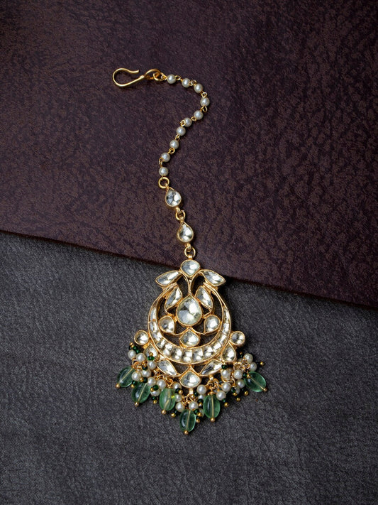 Women's Gold-Plated Off-White & Green Kundan-Studded Beaded Handcrafted Maang Tikka