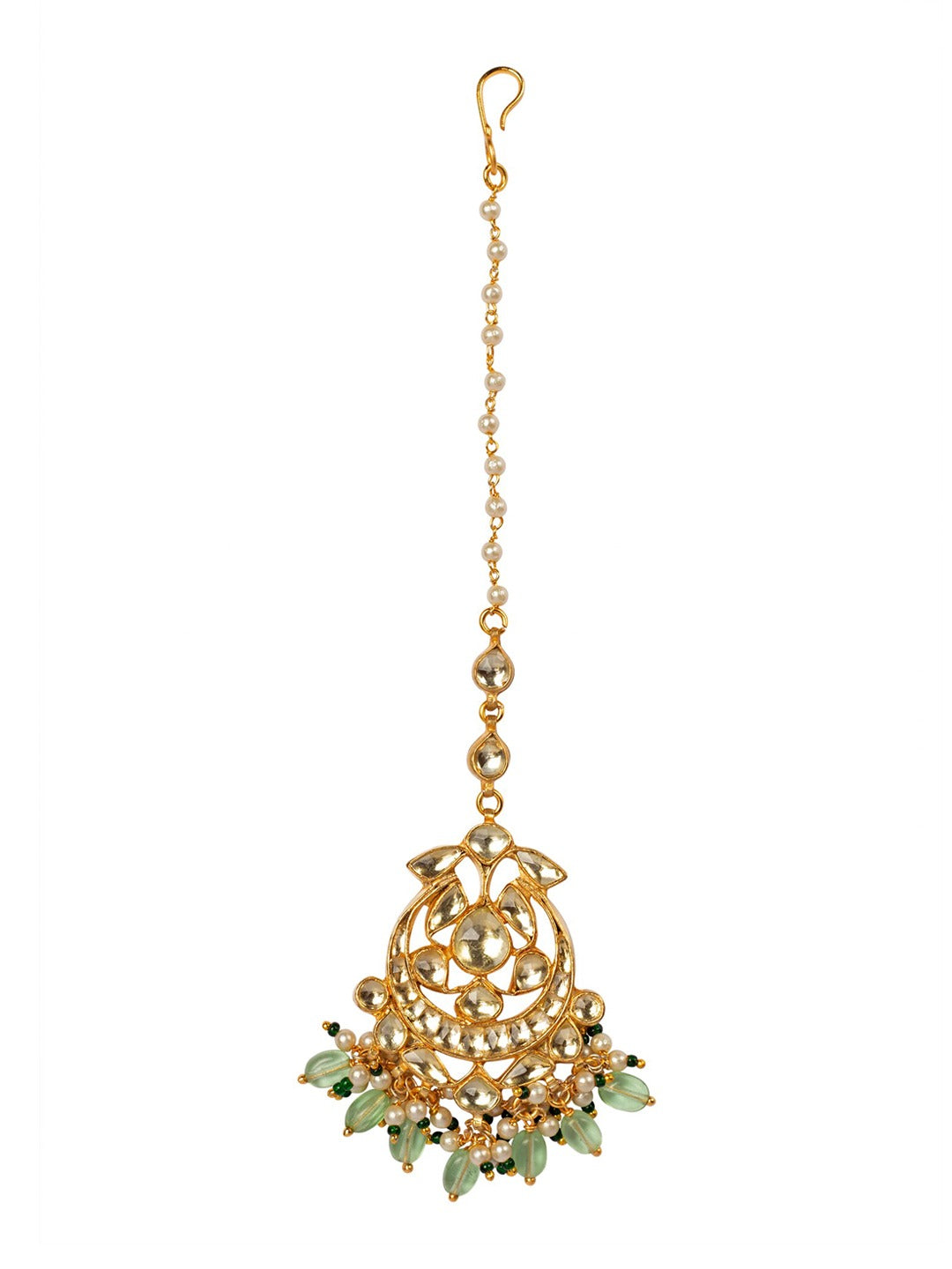 Women's Gold-Plated Off-White & Green Kundan-Studded Beaded Handcrafted Maang Tikka