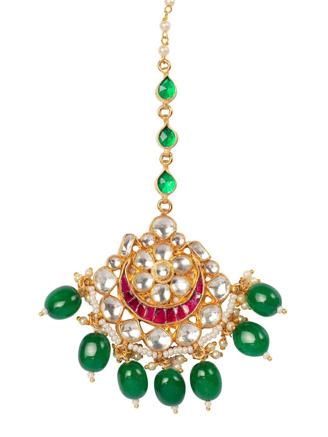 Women's Gold-Plated Green & White Kundan-Studded Beaded Handcrafted Maang Tikka