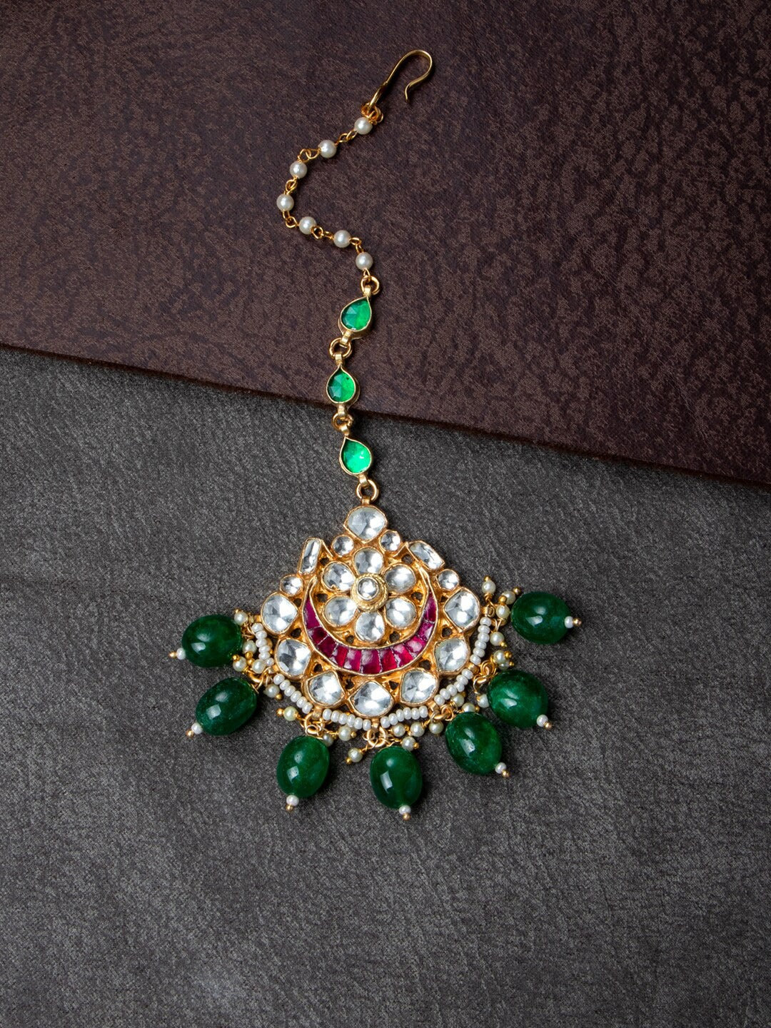 Women's Gold-Plated Green & White Kundan-Studded Beaded Handcrafted Maang Tikka