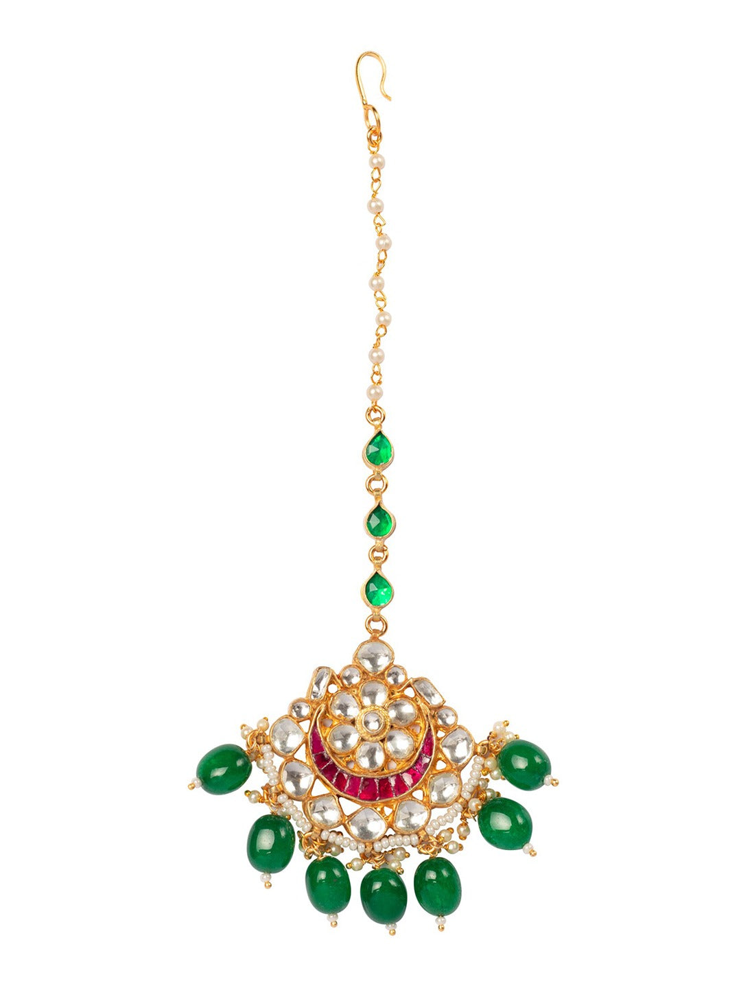 Women's Gold-Plated Green & White Kundan-Studded Beaded Handcrafted Maang Tikka