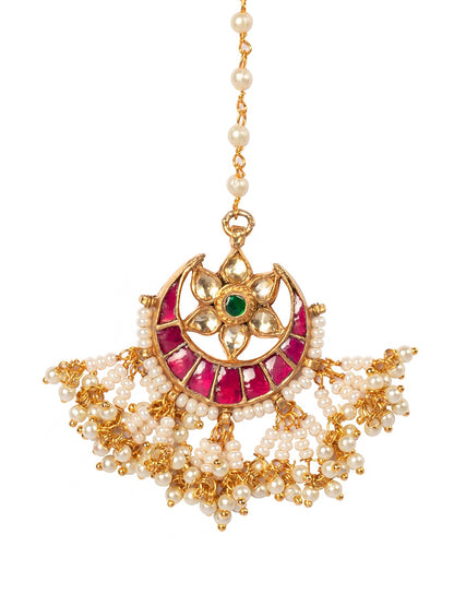 Women's Gold-Plated Pink & Off-White Kundan-Studded Beaded Handcrafted Maang Tikka